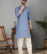 Men cotton silk mirror work yoke design blue kurta with salwar