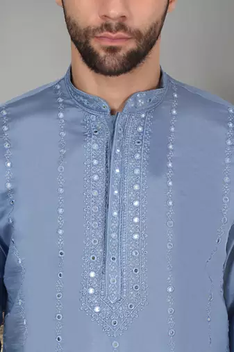 Men cotton silk mirror work yoke design blue kurta with salwar