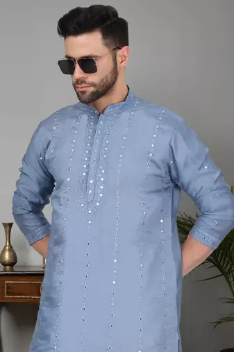 Men cotton silk mirror work yoke design blue kurta with salwar