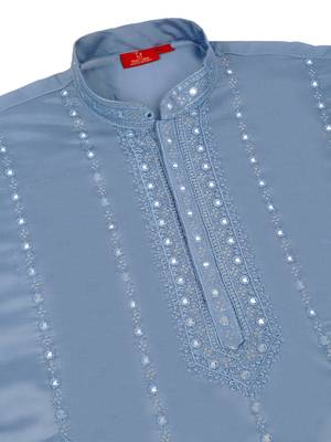Men cotton silk mirror work yoke design blue kurta with salwar 5