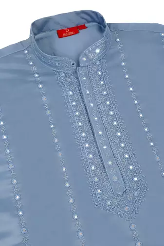 Men cotton silk mirror work yoke design blue kurta with salwar