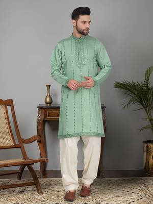 Men cotton silk mirror work yoke design green kurta with salwar 1