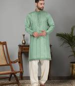 Men cotton silk mirror work yoke design green kurta with salwar