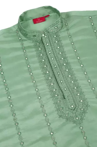 Men cotton silk mirror work yoke design green kurta with salwar