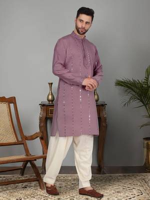 Men cotton silk mirror work yoke design purple kurta with salwar 1