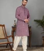 Men cotton silk mirror work yoke design purple kurta with salwar