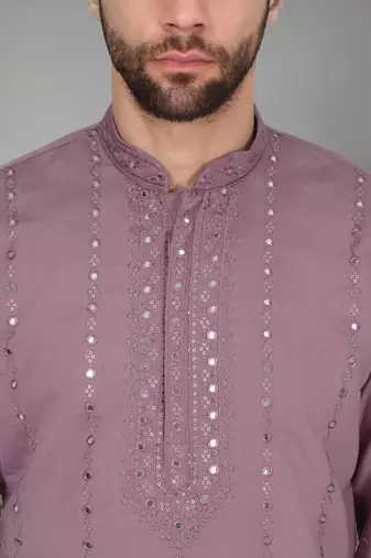 Men cotton silk mirror work yoke design purple kurta with salwar
