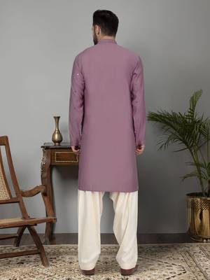 Men cotton silk mirror work yoke design purple kurta with salwar 3
