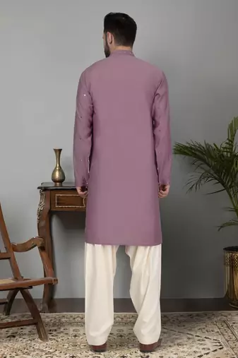 Men cotton silk mirror work yoke design purple kurta with salwar