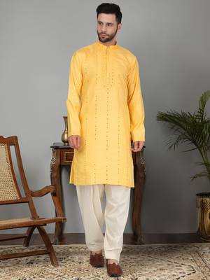 Men cotton silk mirror work yoke design yellow kurta with salwar 1