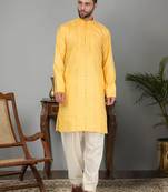 Men cotton silk mirror work yoke design yellow kurta with salwar