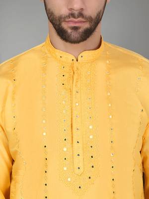 Men cotton silk mirror work yoke design yellow kurta with salwar 2