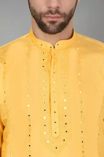Men cotton silk mirror work yoke design yellow kurta with salwar