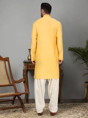 Men cotton silk mirror work yoke design yellow kurta with salwar 3