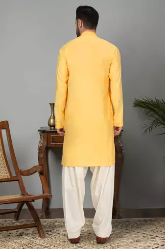 Men cotton silk mirror work yoke design yellow kurta with salwar