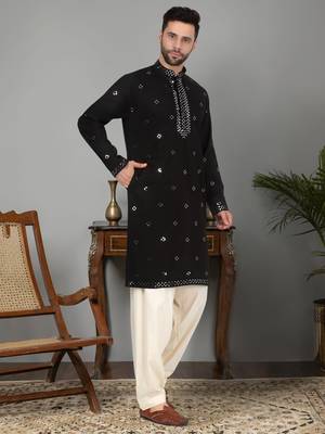 Men cotton silk mirror work yoke design black kurta with salwar 1