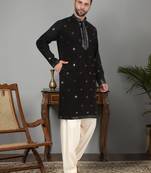 Men cotton silk mirror work yoke design black kurta with salwar