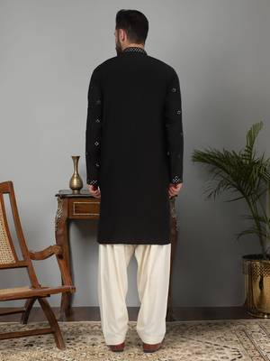 Men cotton silk mirror work yoke design black kurta with salwar 3