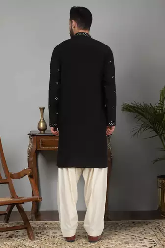 Men cotton silk mirror work yoke design black kurta with salwar