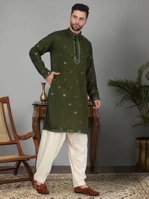 Men cotton silk mirror work yoke design green kurta with salwar 1