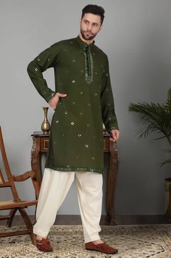 Men cotton silk mirror work yoke design green kurta with salwar