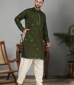Men cotton silk mirror work yoke design green kurta with salwar