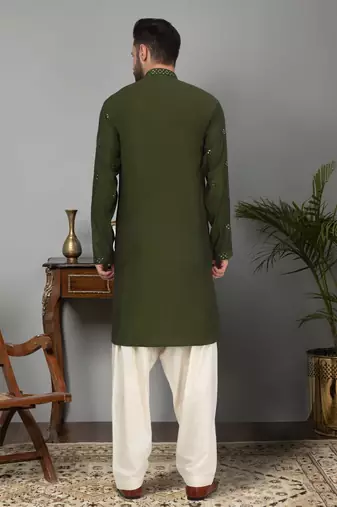 Men cotton silk mirror work yoke design green kurta with salwar