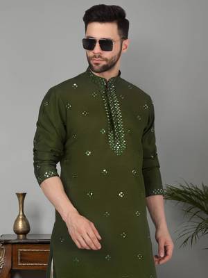 Men cotton silk mirror work yoke design green kurta with salwar 4
