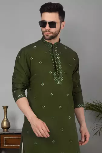 Men cotton silk mirror work yoke design green kurta with salwar