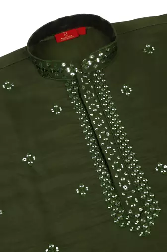 Men cotton silk mirror work yoke design green kurta with salwar