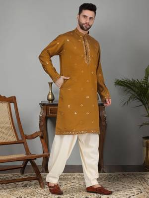 Men cotton silk mirror work yoke design mustard kurta with salwar 1