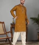 Men cotton silk mirror work yoke design mustard kurta with salwar
