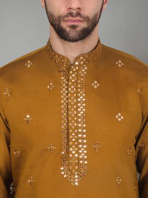 Men cotton silk mirror work yoke design mustard kurta with salwar 2