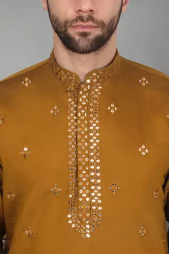 Men cotton silk mirror work yoke design mustard kurta with salwar