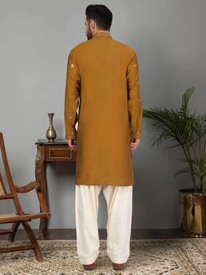 Men cotton silk mirror work yoke design mustard kurta with salwar 3
