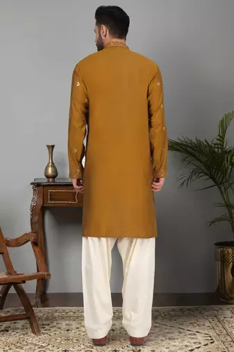 Men cotton silk mirror work yoke design mustard kurta with salwar