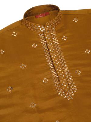 Men cotton silk mirror work yoke design mustard kurta with salwar 4