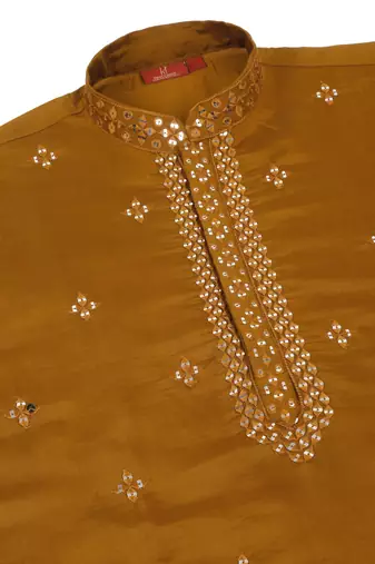 Men cotton silk mirror work yoke design mustard kurta with salwar