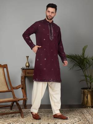 Men cotton silk mirror work yoke design purple kurta with salwar 1