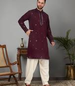 Men cotton silk mirror work yoke design purple kurta with salwar