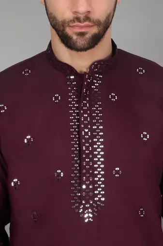 Men cotton silk mirror work yoke design purple kurta with salwar