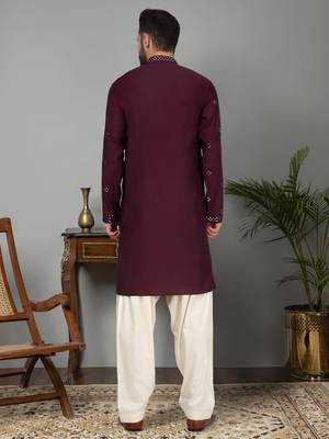 Men cotton silk mirror work yoke design purple kurta with salwar 3
