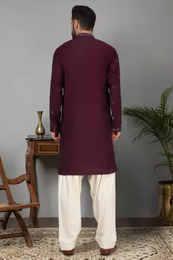Men cotton silk mirror work yoke design purple kurta with salwar