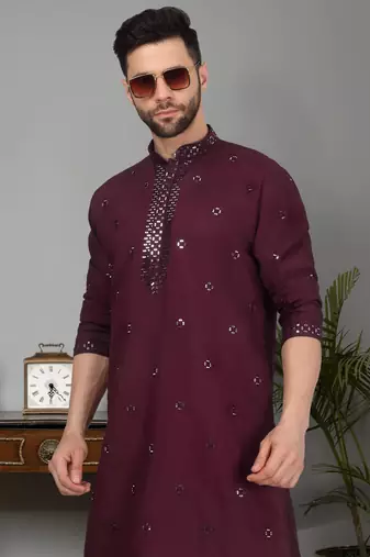 Men cotton silk mirror work yoke design purple kurta with salwar