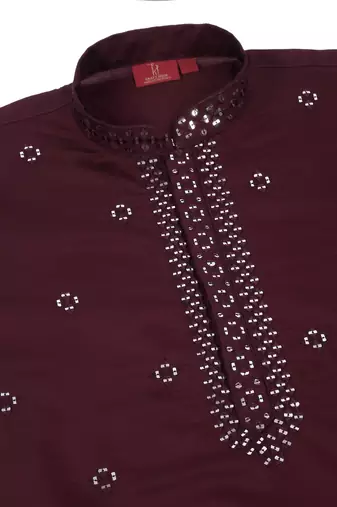 Men cotton silk mirror work yoke design purple kurta with salwar