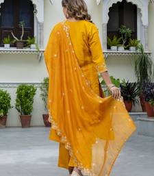 Women's silk blend embroidered kurta palazzo set with organza dupatta