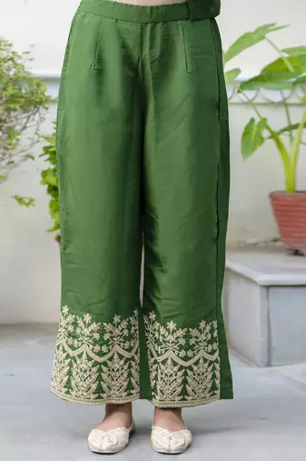 Women's silk blend embroidered kurta palazzo set with organza dupatta