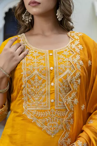 Women's silk blend embroidered kurta palazzo set with organza dupatta