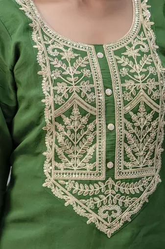 Women's silk blend embroidered kurta palazzo set with organza dupatta