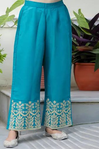 Women's silk blend embroidered kurta palazzo set with organza dupatta